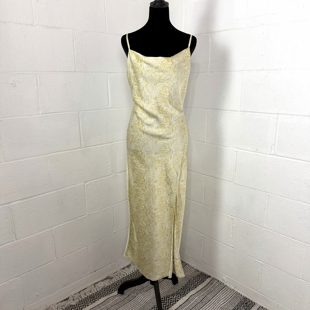 Paper Heart Maxi Slip Dress Size S Butter Yellow Floral Bias Cut Cowl Neck Y2K